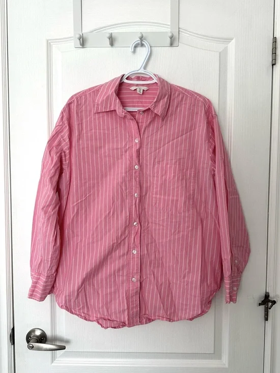 EUC Oversized Pink & White Pinstripe Button Down Cotton Boyfriend Shirt - Medium - Picture 3 of 9